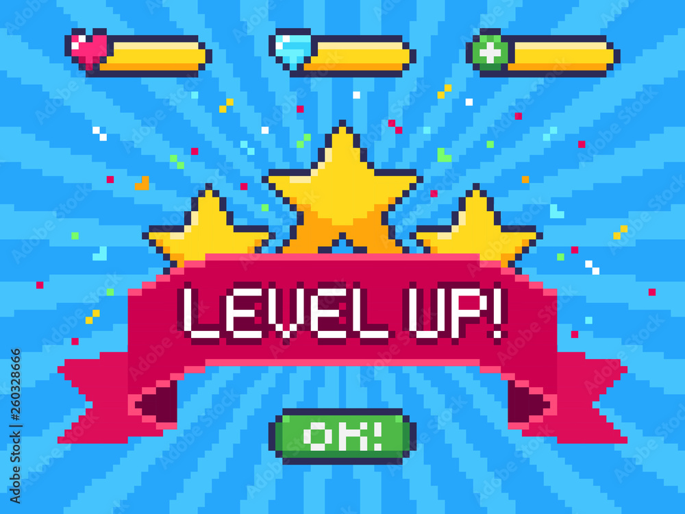 Level Up screen. Pixel video game achievement, pixels 8 bit games ui and gaming level progress vector illustration