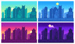 Pixel art cityscape. Town street 8 bit city landscape, night and daytime urban arcade game location