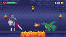 Pixel Art Game Level. Hero Warrior Fights 8 Bit Dragon, Pixels Video Games Levels Scene Landscape And Retro Gaming Vector Illustration