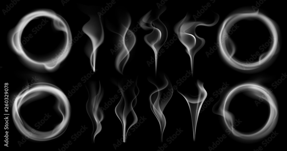 Steam smoke shapes. Smoking vapor streams, steaming vaping ring and vapor waves translucent realistic 3D effect isolated vector set - obrazy, fototapety, plakaty 