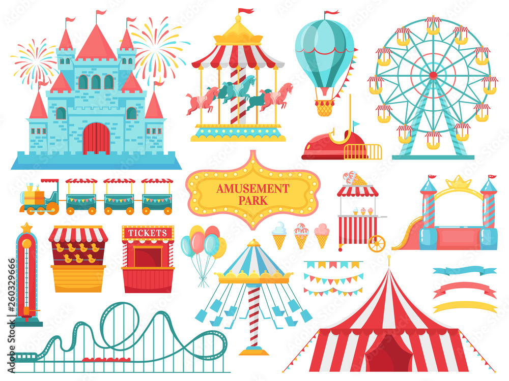 Amusement park attractions. Carnival kids carousel, ferris wheel attraction and amusing fairground entertainments vector illustration - obrazy, fototapety, plakaty 