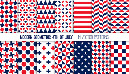 Wall Mural - Patriotic Red White Blue Modern Geometric Vector Patterns. Bold Prints for 4th of July Party Decor. Independence Day Holiday Backgrounds. Repeating Pattern Tile Swatches Included