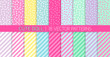 Cute Girly LOL Doll Style Vector Patterns. Random Polka Dots and Stripes in Pastel Pink, Blue, Lilac, Mint Green, Yellow and White. Kids Birthday Party Decor. Repeating Pattern Tile Swatches Included.