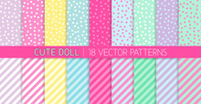 Cute Girly LOL Doll Style Vector Patterns. Random Polka Dots And Stripes In Pastel Pink, Blue, Lilac, Mint Green, Yellow And White. Kids Birthday Party Decor. Repeating Pattern Tile Swatches Included.