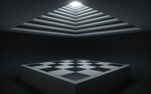 3d Render, Abstract Background, Geometrical Shapes, Chess Board, Showcase Platform Mockup, White Ceiling Light, Empty Dark Room