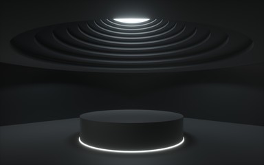 3d render,black abstract background, showcase platform mockup, white ceiling light, empty dark room, cylinder stand, podium