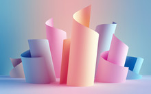 3d Render, Paper Ribbon Rolls, Abstract Shapes, Fashion Background, Swirl, Pastel Neon Scrolls, Curl, Spiral, Cylinder