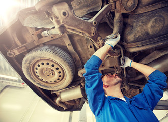 car service, repair, maintenance and people concept - auto mechanic man or smith working at workshop