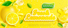 Fresh Lemonade With Lemon, Splash, Apteitic Drops From Condensation, Fruit Slice, Ice Cubes On Gradient Yellow Background For Brand,logo, Template,label,emblem And Store,packaging,advertising.Vector