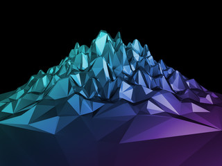 Wall Mural - 3d iridescent abstract faceted landscape background, crystal purple mountain isolated on black