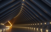 3d Render, Abstract Background, Corridor, Tunnel, Virtual Reality Space, Yellow Neon Lights, Fashion Podium, Club Interior, Empty Warehouse, Floor Reflection