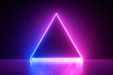 Wall Mural - 3d render, blue pink neon triangular frame, triangle shape, empty space, ultraviolet light, 80's retro style, fashion show stage, abstract background