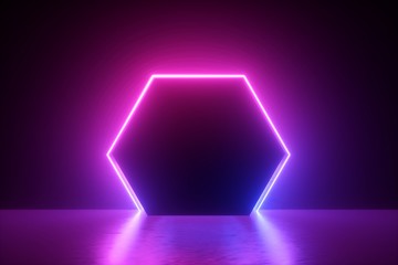 3d render, blue pink neon hexagonal frame, hexagon shape, empty space, ultraviolet light, 80's retro
