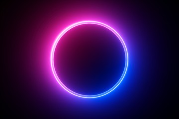 Wall Mural - 3d render, blue pink neon round frame, circle, ring shape, empty space, ultraviolet light, 80's retro style, fashion show stage, abstract background