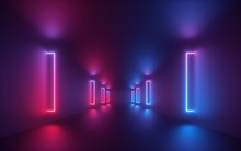 3d Render, Red Blue Neon Light, Illuminated Corridor, Tunnel, Empty Space, Ultraviolet Light, 80's Retro Style, Fashion Show Stage, Abstract Background