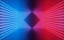 3d Render, Red Blue Neon Lines, Rhombus Shape Inside Empty Room, Virtual Space, Ultraviolet Light, 80's Style, Retro Disco Club Interior, Fashion Show Stage, Abstract Background