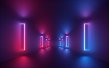 Wall Mural - 3d render, red blue neon light, illuminated corridor, tunnel, empty space, ultraviolet light, 80's retro style, fashion show stage, abstract background