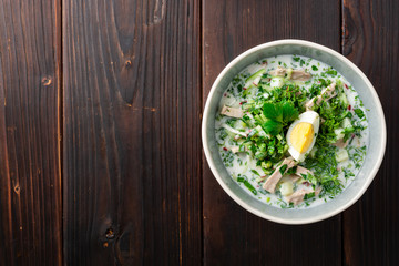 Wall Mural - Traditional Russian summer cold soup okroshka with kefir in bowl on dark wooden background. Top view. Copy space.