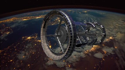 sci fi international space station iss spaceship revolving over earths atmosphere. space station orb