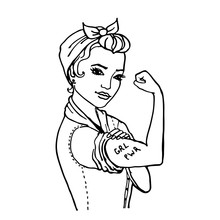We Can Do It. Womens Symbol Of Female Power And Industry. Doodle Cartoon Woman With Grl Pwr Tattoo. Isolated On White Background