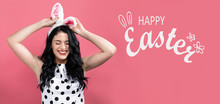Happy Easter Message With Young Woman With Easter Theme