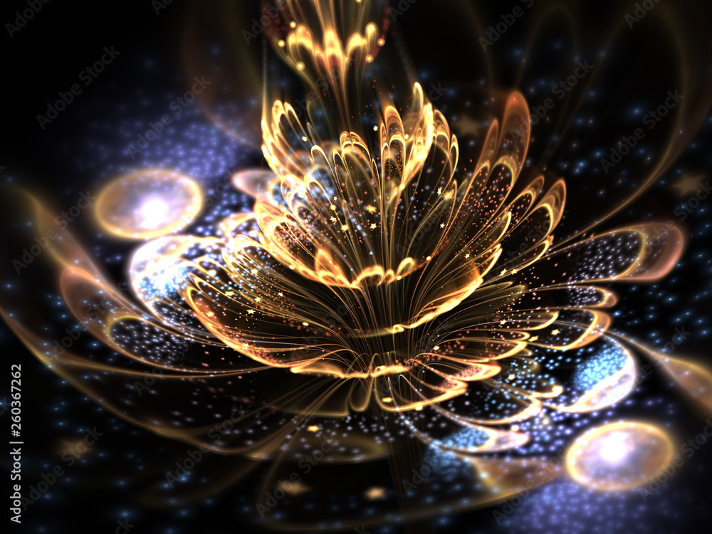 Golden fractal flower, digital artwork for creative graphic design - obrazy, fototapety, plakaty 