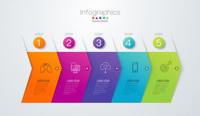 Timeline infographics design vector and business icons with 5 options.