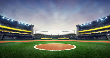 Wall Mural - Grand baseball stadium field spot daylight view, modern public sport building 3D render background.