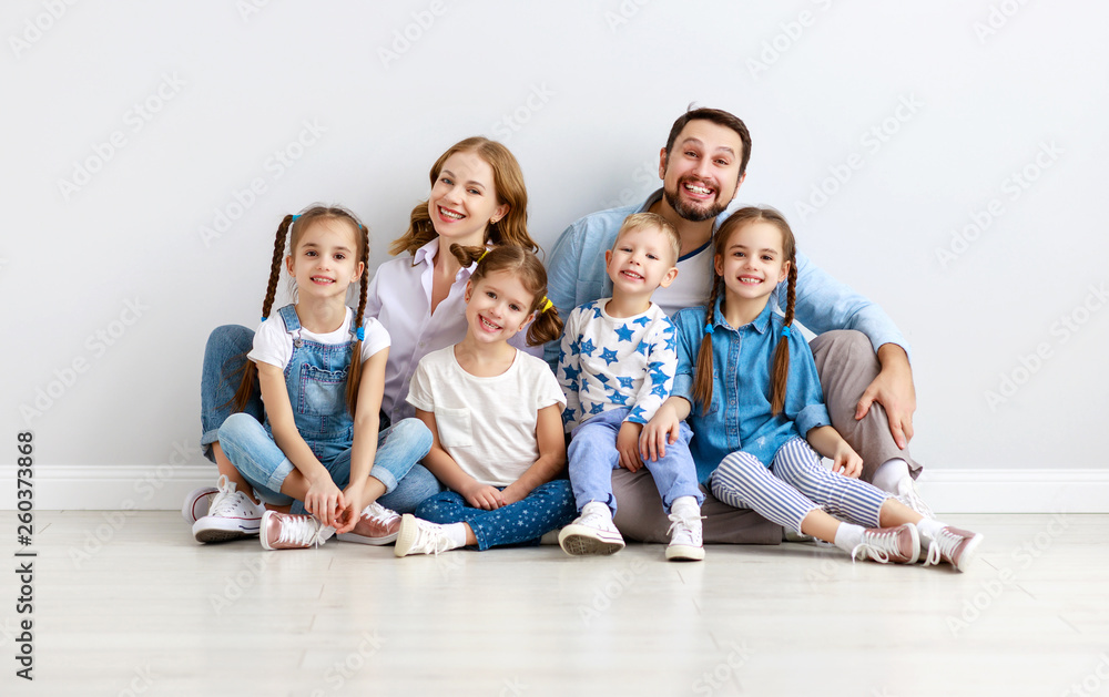 large family mother father and children sons and daughters on white background. - obrazy, fototapety, plakaty 
