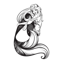 Vector Illustration Of Beautiful Mermaid With Long Hair Made  In Realistic Hand Drawn Sketch Line Stile. Template For Postcard Poster Banner And Print For T-shirt