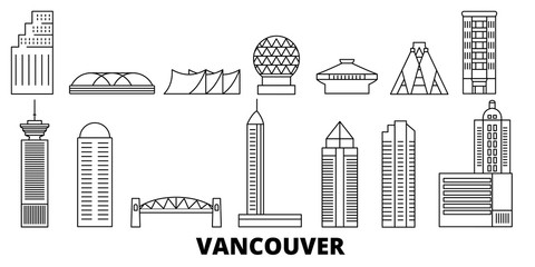 Wall Mural - Canada, Vancouver flat travel skyline set. Canada, Vancouver black city vector panorama, illustration, travel sights, landmarks, streets.