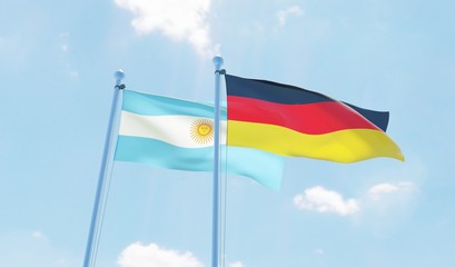 Argentina and Germany, two flags waving against blue sky. 3d image