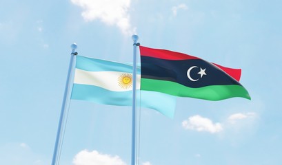 Argentina and Libya, two flags waving against blue sky. 3d image