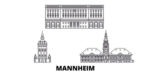 Wall Mural - Germany, Mannheim flat travel skyline set. Germany, Mannheim black city vector panorama, illustration, travel sights, landmarks, streets.