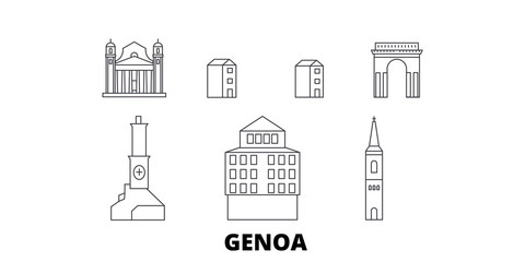 Italy, Genoa flat travel skyline set. Italy, Genoa black city vector panorama, illustration, travel sights, landmarks, streets.