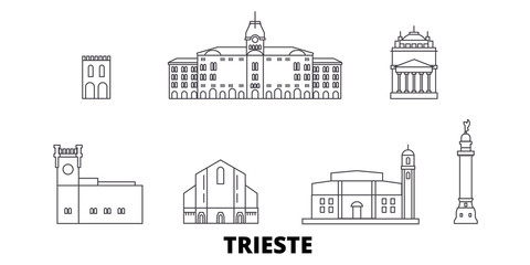 Wall Mural - Italy, Trieste flat travel skyline set. Italy, Trieste black city vector panorama, illustration, travel sights, landmarks, streets.