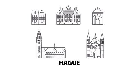 Netherlands, Hague flat travel skyline set. Netherlands, Hague black city vector panorama, illustration, travel sights, landmarks, streets.