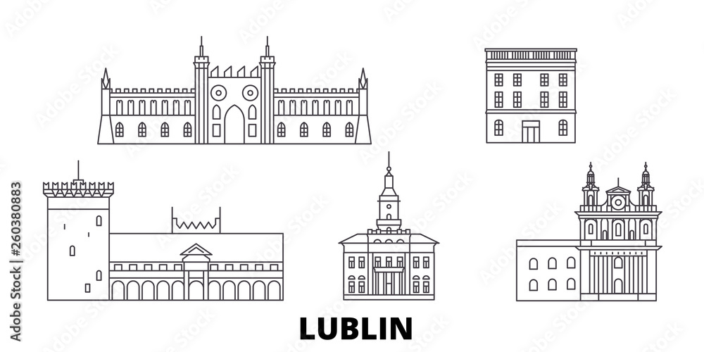 Poland, Lublin flat travel skyline set. Poland, Lublin black city vector panorama, illustration, travel sights, landmarks, streets. - obrazy, fototapety, plakaty 