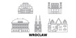 Poland, Wroclaw flat travel skyline set. Poland, Wroclaw black city vector panorama, illustration, travel sights, landmarks, streets.