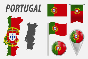 Canvas Print - PORTUGAL. Collection of symbols in colors national flag on various objects isolated on white background. Flag, pointer, button, waving and hanging flag, detailed outline map and country inside flag.