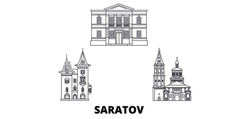 Wall Mural - Russia, Saratov flat travel skyline set. Russia, Saratov black city vector panorama, illustration, travel sights, landmarks, streets.