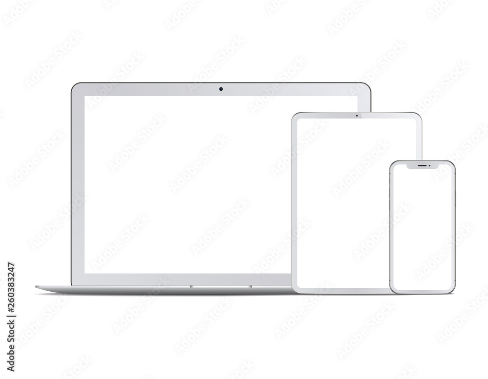 Set of white devices: laptop, tablet and phone. Vector - obrazy, fototapety, plakaty 