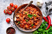 Chili Con Carne - Minced Meat Stew With Red Bean And Tomato.Traditional Dish Of Mexican Cuisine.Top View With Copy Space.