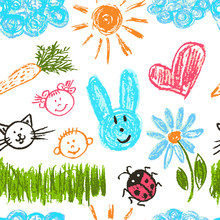 Cute Stylish Seamless Pattern. Draw Pictures, Doodle. Beautiful And Bright Design. Interesting Images For Backgrounds, Textiles, Tapestries. The Sun, Clouds, Flowers, Hare