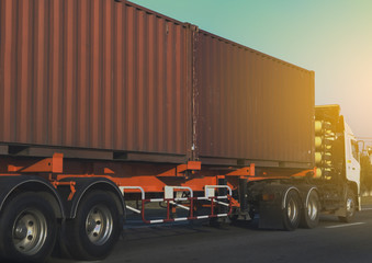 Truck on highway road with red container, transportation concept.,import,export logistic industrial Transporting Land transport on the asphalt expressway with blue sky