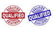 Grunge QUALIFIED round stamp seals isolated on a white background. Round seals with grunge texture in red and blue colors. Vector rubber imprint of QUALIFIED label inside circle form with stripes.