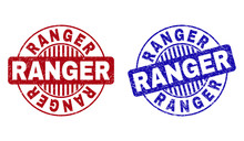Grunge RANGER Round Stamp Seals Isolated On A White Background. Round Seals With Grunge Texture In Red And Blue Colors. Vector Rubber Overlay Of RANGER Text Inside Circle Form With Stripes.