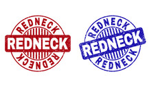 Grunge REDNECK Round Stamp Seals Isolated On A White Background. Round Seals With Grunge Texture In Red And Blue Colors. Vector Rubber Watermark Of REDNECK Text Inside Circle Form With Stripes.