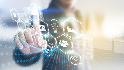 Businessman touch screen social icons. World connected, social media concept