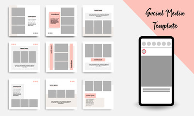 Wall Mural - Nine Set editable square abstract geometric banner template for social media post and cover. Minimalist design background in soft orange pastel peach color. Vector illustration